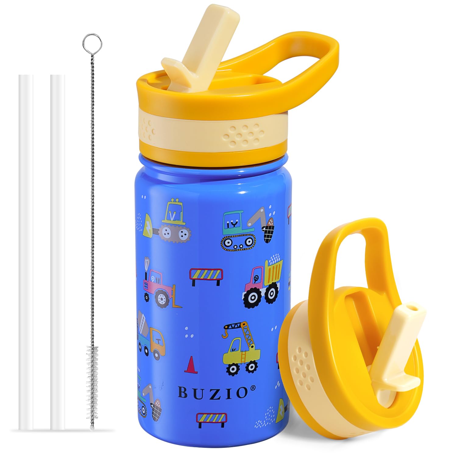 Toddler Water Bottle, BUZIO Stainless Steel Water Bottle Kids Insulated Water Bottle for Kids Insulated Vacuum with 2 Straw Lids 400ml Double Walled Wide Mouth Sports Drink Flask Thermo Mug Cup