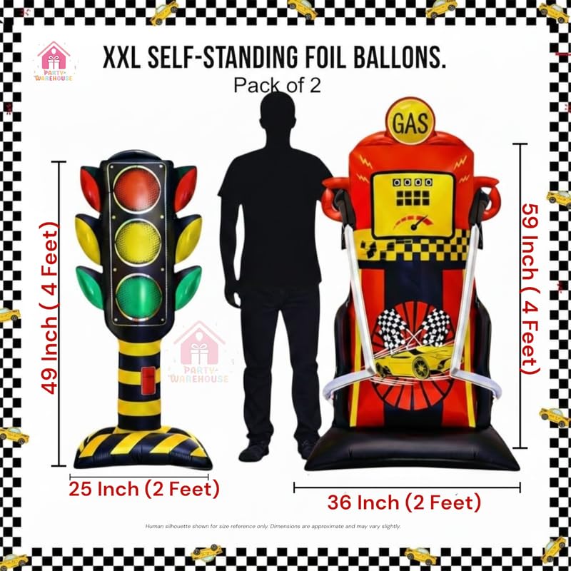 Image of Party Warehouse Racing Theme XXL Self Standing Foil Balloons |Traffic Signal & Gas Pump foil Balloons for Kids Birthday,Car /Race Theme Party & Motorsport Event|Race Decoration set(Pack of 2) 4ft