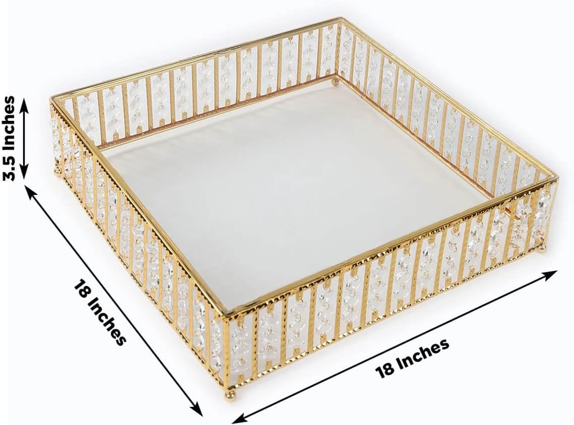 Efavormart 18" Square Gold Crystal Cake Stand - Large Mirror Glass Top Metal Dessert Display with Hanging Beads for Tiered Cakes