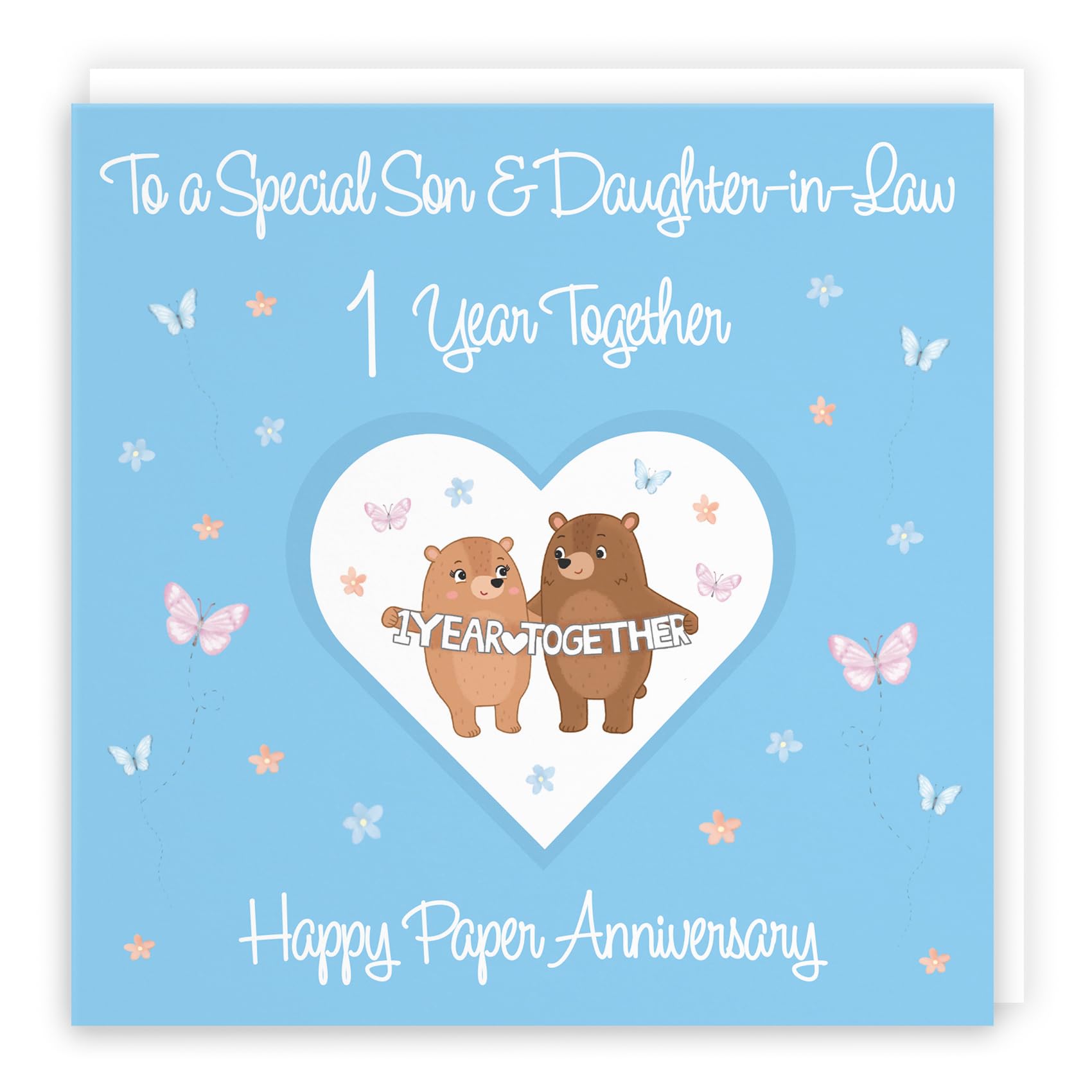 Hunts England - Tarjeta de primer aniversario para hijo y nuera - 1 año - aniversario de papel - Prados románticos - Tarjeta divertida - Tarjeta de primer aniversario de lujo para hijo y nuera