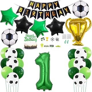 Daimay 29PCS Soccer Birthday Party Decoration Sports Theme Football Party Supplie Champion Trophy Foil Balloon 1st Happy Birthday Banner Green White Black Soccer Balloons Cake Topper for Soccer Fans