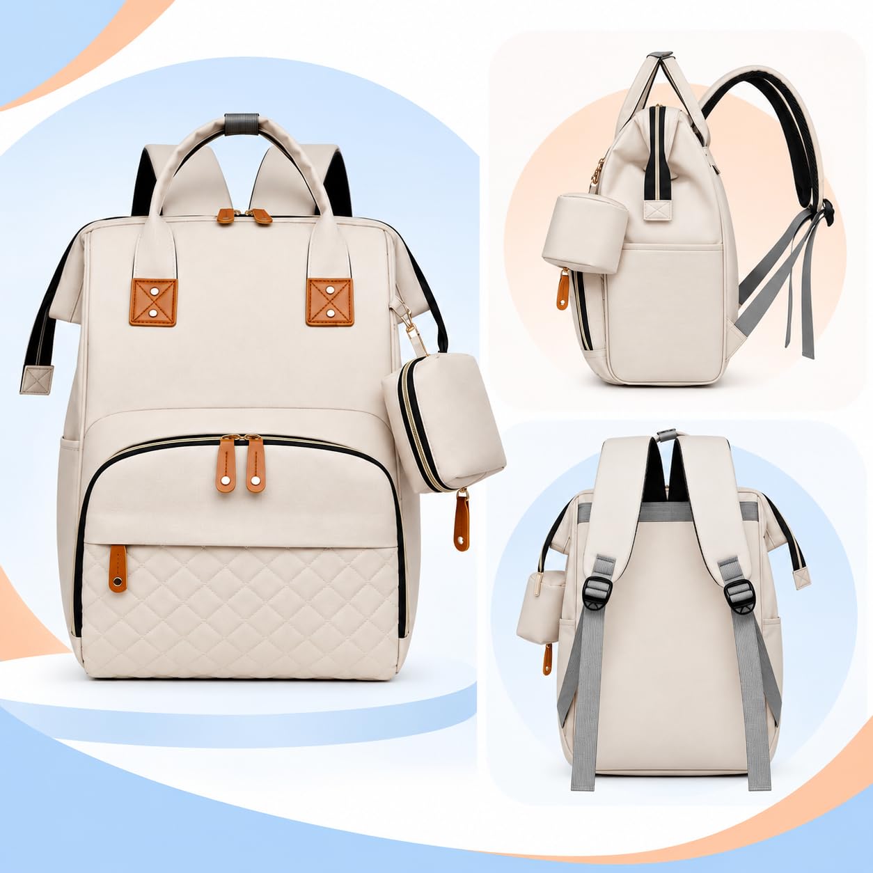 Sac à Dos à Langer pour Bébé,Sac de Voyage,Grande Capacité Sac à Couches Multifonction Imperméable,2 Sangles de Poussette,pour Biberon Poche Isotherme Beige