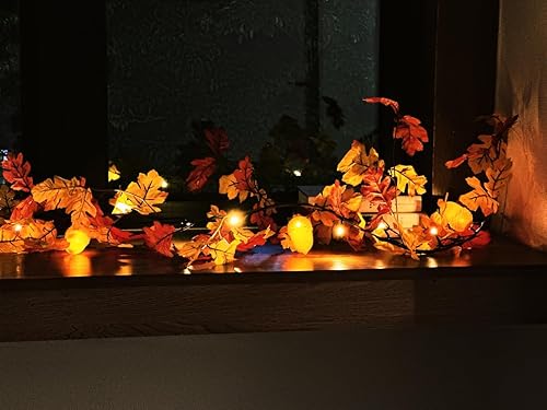 Miniatura 7 de Oak Leave Garland Artificial Foliage Fall Fireplace Decor 20 Led and 5 Acorn Lights with Timer for Thanksgiving Harvest Christmas Wedding Decoration