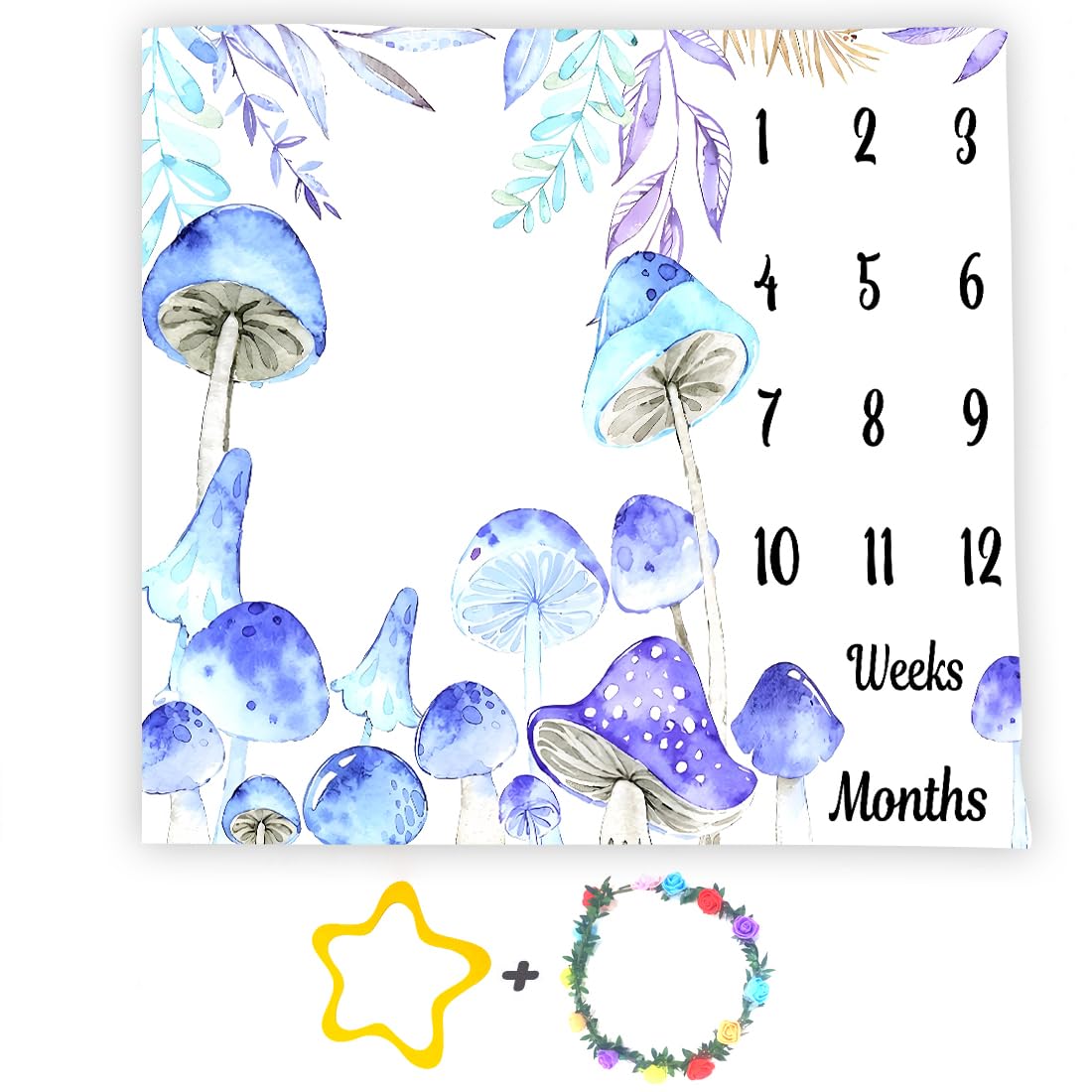 Mushroom Theme Baby Monthly Milestone Blanket Tropical, Blue, 48x40in