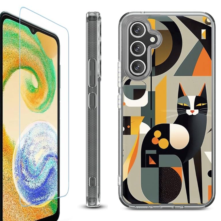 One Tough shield Shockproof Hybrid Phone Case Cover Compatible with Samsung Galaxy A36 5G, with Tempered Glass Screen Protector - Chill Cat