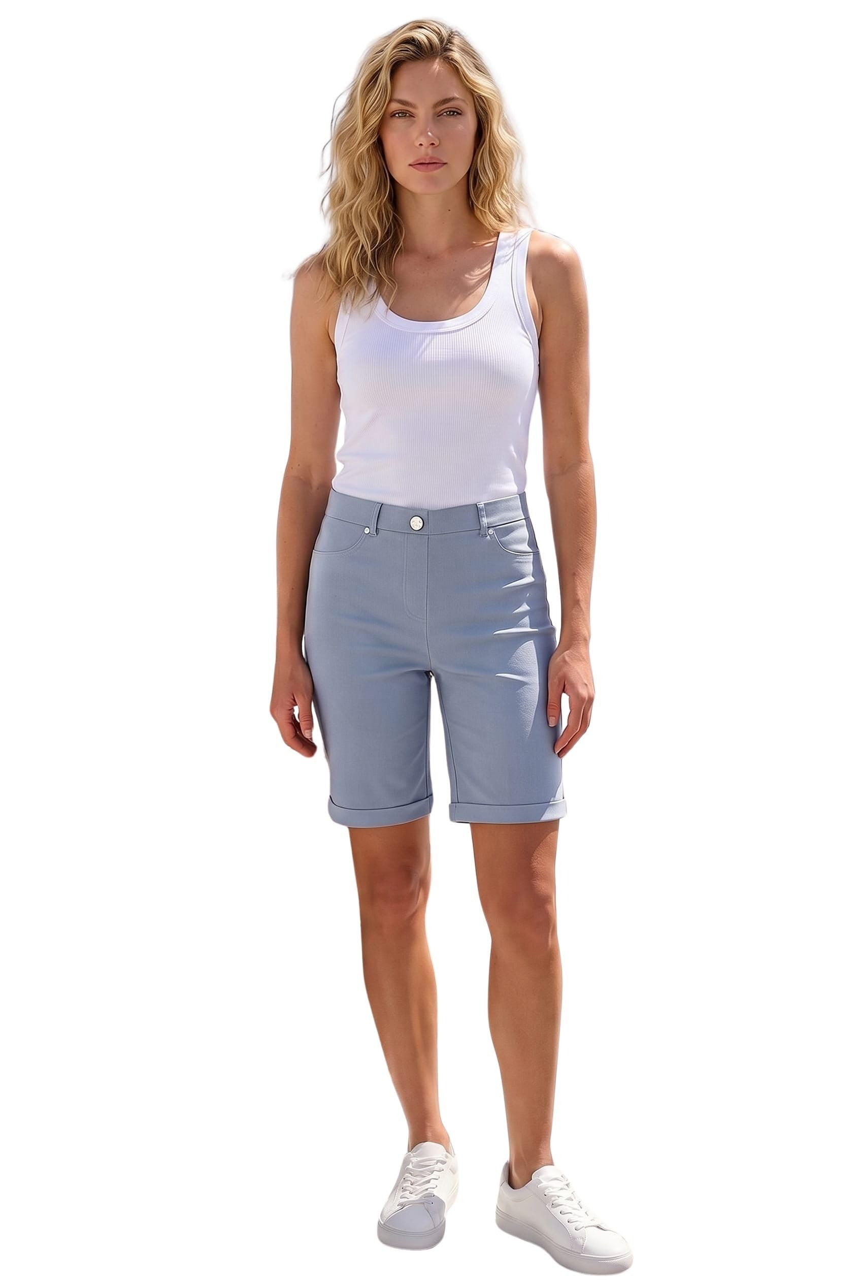 Roman Originals Women's Light Grey Roman Stretch Shorts For Uk Pull On Turned Hem Cut Off Bengaline Mom Boyfriend Boy Denim Casual Cropped Pants Capri Slim Fit Turn Up Summer Crops Mother - Size 20