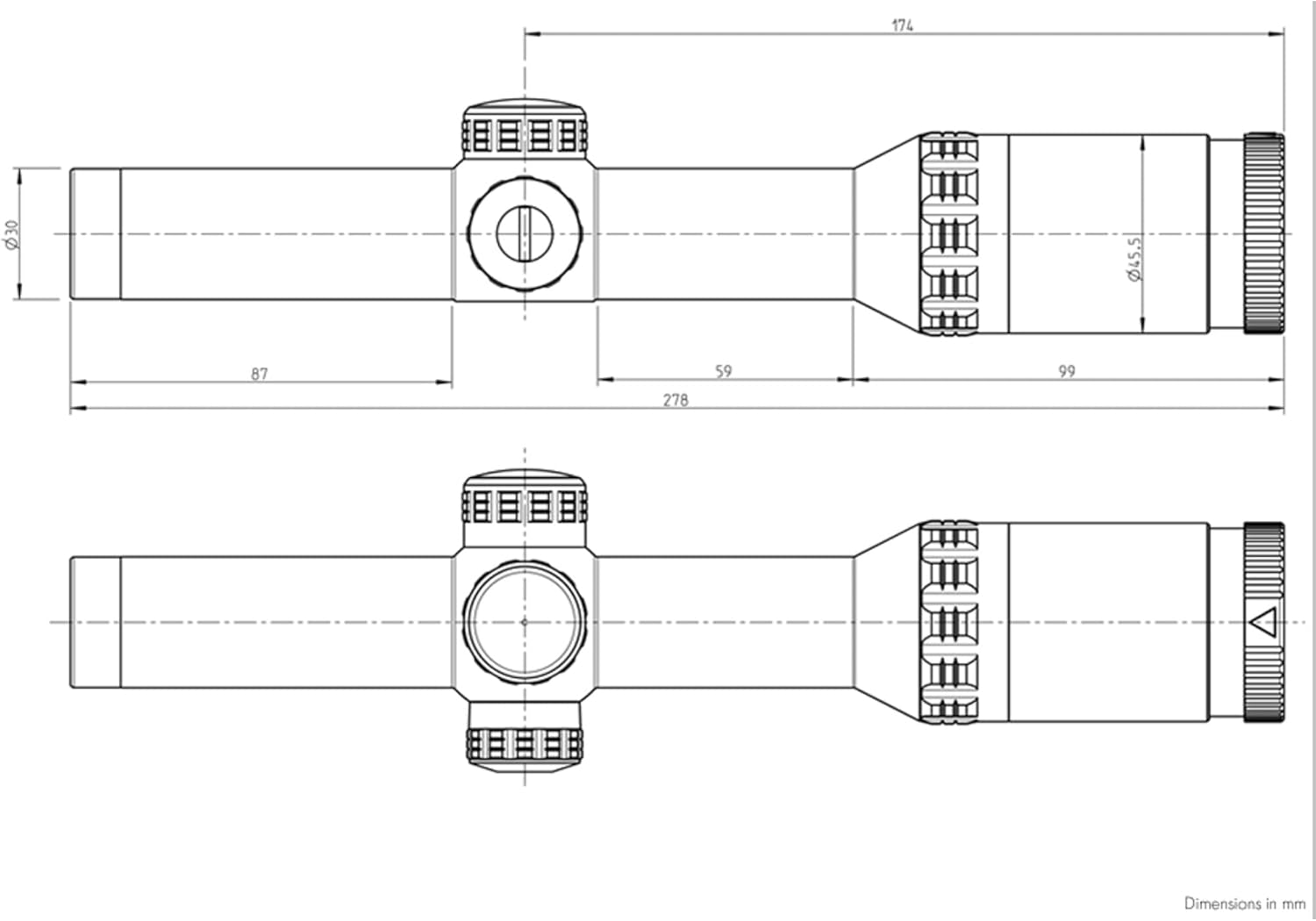 Technical drawing of KAHLES Helia 1-5x24i Riflescope with dimensions