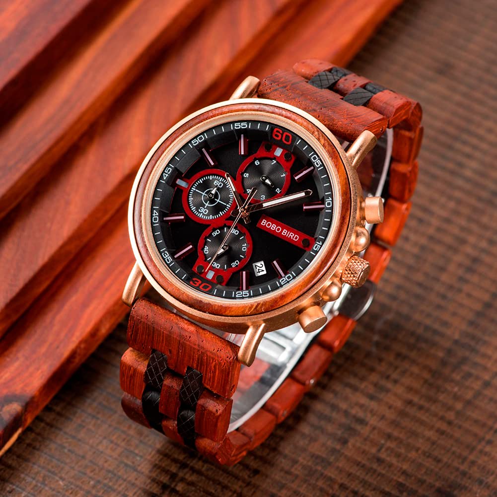 Relojes de Madera para Hombre, Reloj Casual de Negocios con Sub-Esfera AnalóGica de Cuarzo, Pantalla de Fecha CronóGrafo Manecillas Luminosas, Correa de Madera Ajustable