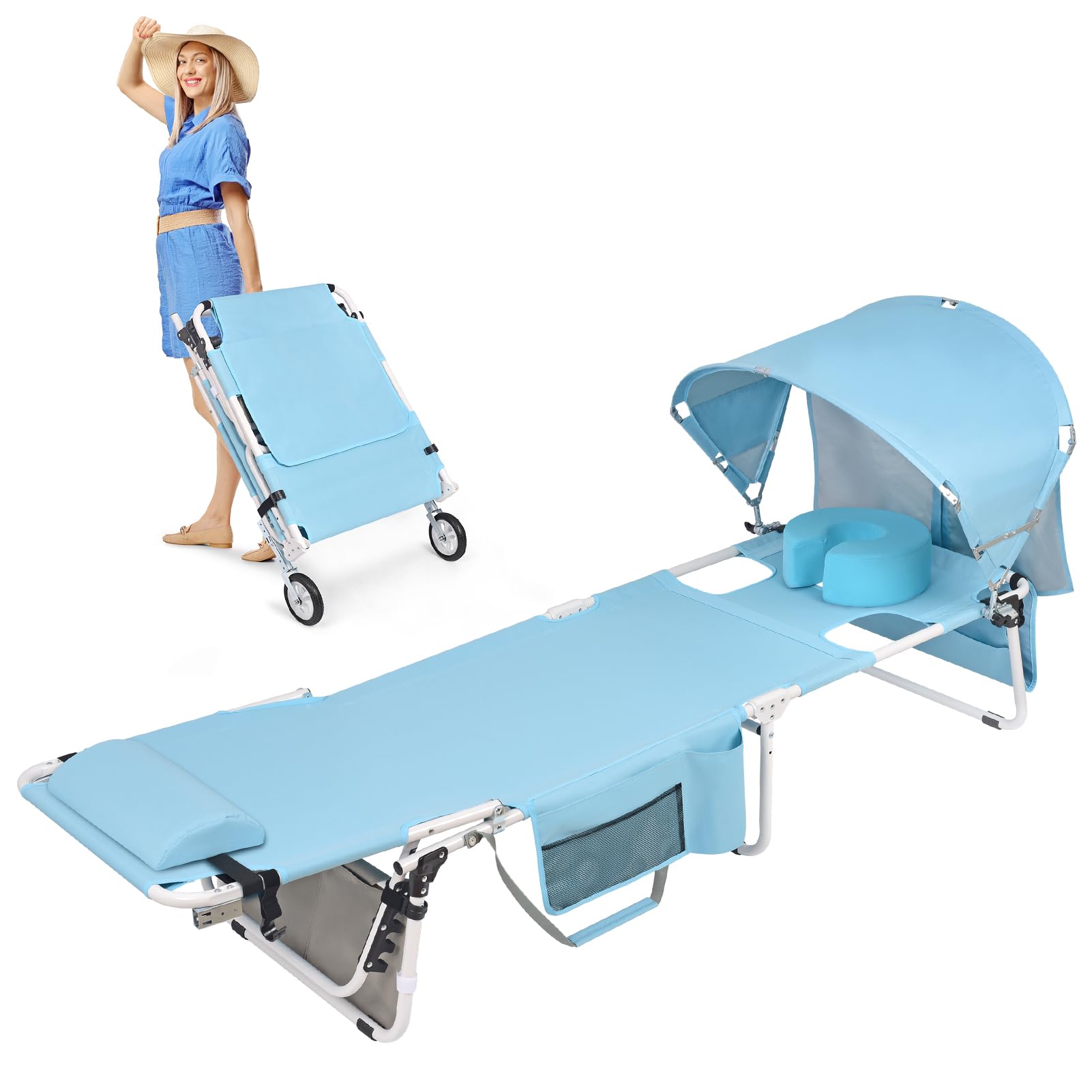 Wheel-To-Go Oversized Tanning Chair with Face Hole & Wheels | Portable Heavy Duty Folding Lounge Chair | Outside Sunbathing Reading Relaxing Beach