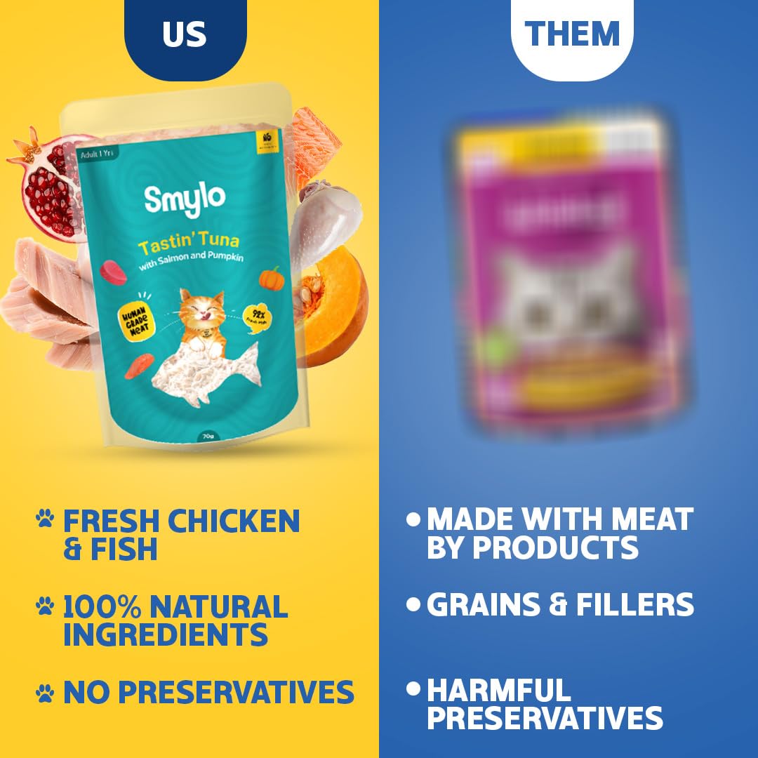 Smylo Adult Wet Cat Food Trial Box (1+ Yrs) with Fish & Chicken Broth | Chicken, Tuna & Mackerel Recipes | Grain Free, No Preservatives | Omega 3 & 6 for Shiny Fur | Wet Food for Cats, Cat Food Topper 3