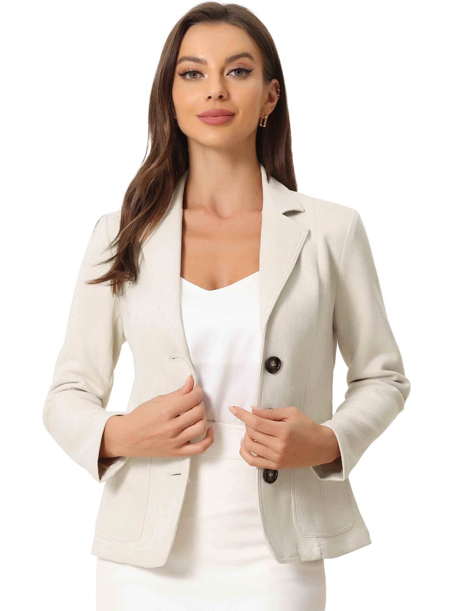 allegra k Faux Suede Blazer for Women's Lapel Collar Button Front Long Sleeve Jacket-picture-15