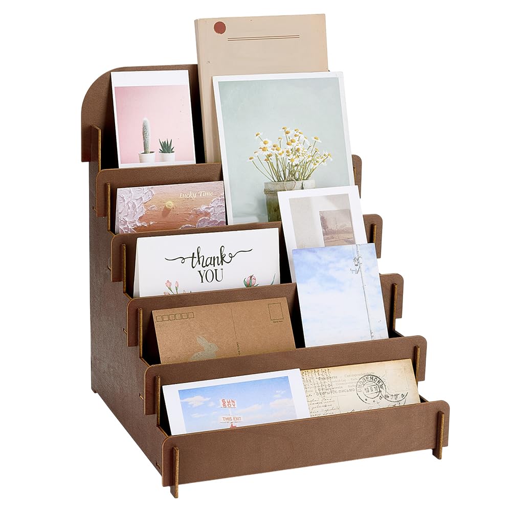 PH PandaHall 5-Tier Greeting Card Display Stand, Brown Wooden Card Holder Stand Postcard Rack for Retail Stores Postcards Stickers Stationery Vendors Craft Show Display, 11.8x11.8x14.2cm