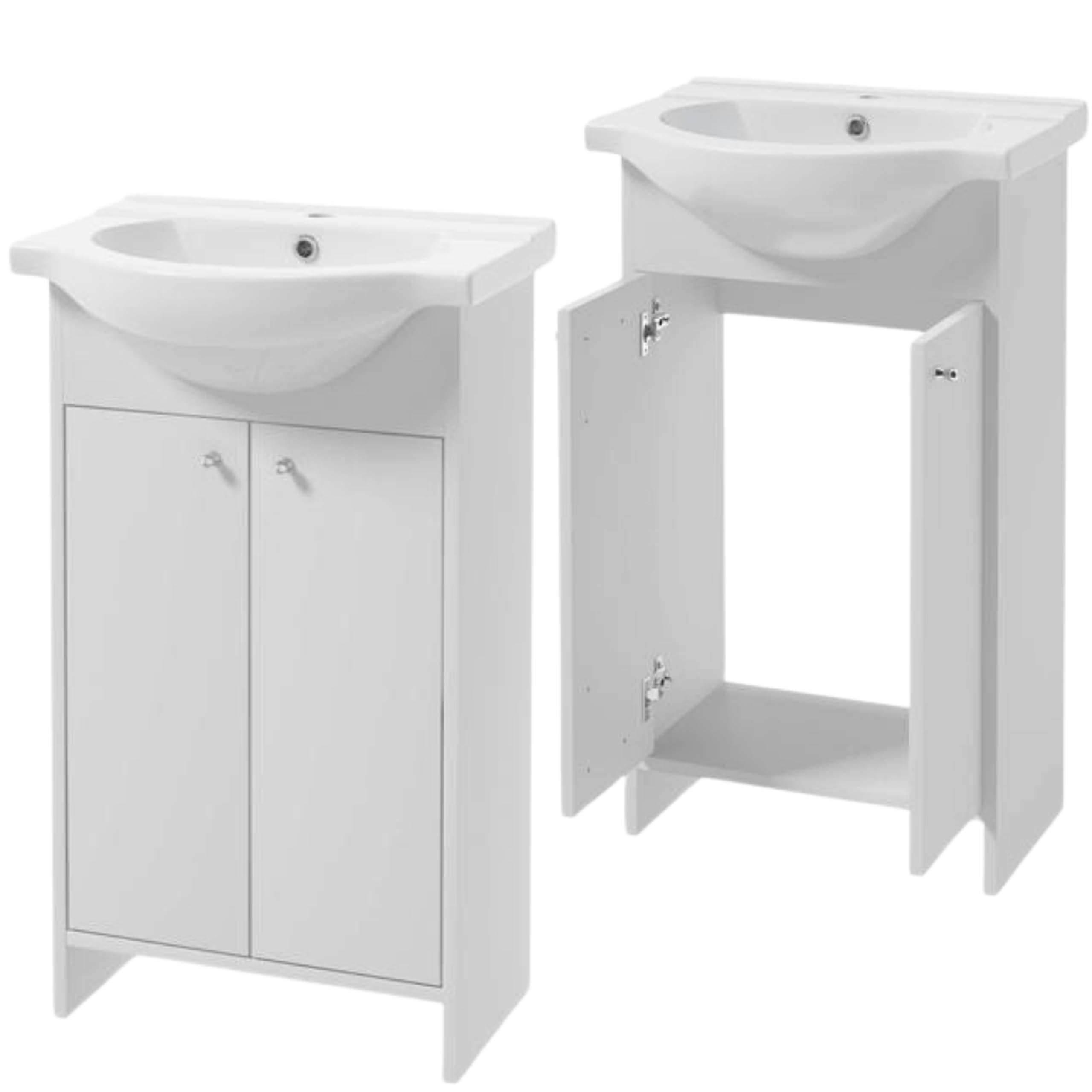 Domodomo - Armadietto da bagno con lavandino, 85 x 50 x 25,5 cm, laccato, elegante set con lavabo in ceramica, mobile bagno con lavabo (manico rotondo bianco)