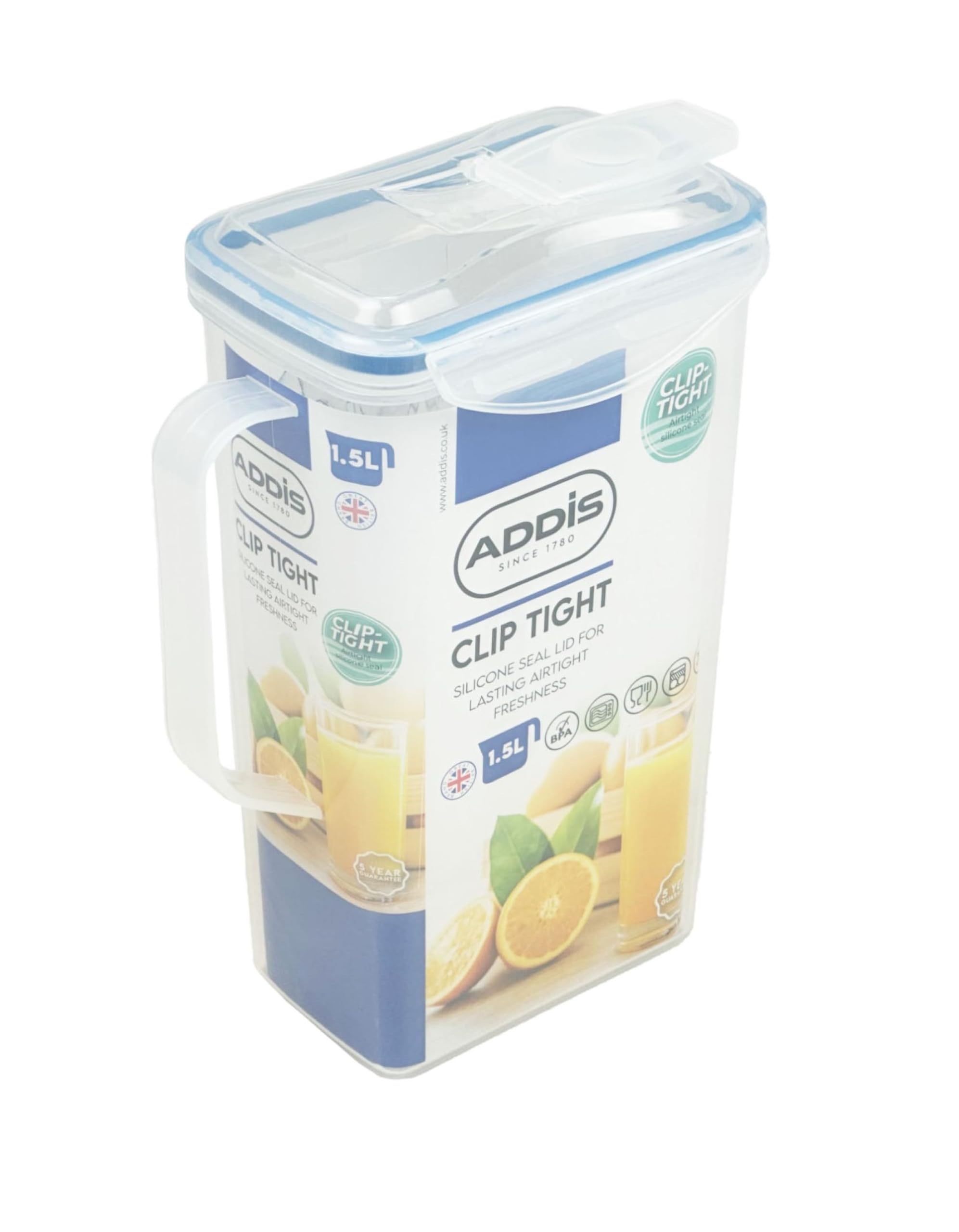 AddisClip Tight Fridge Liquid Storage Container 1.5 litre jug with handle, easy pour lid & locking clips, Airtight BPA Free, Clear transparent