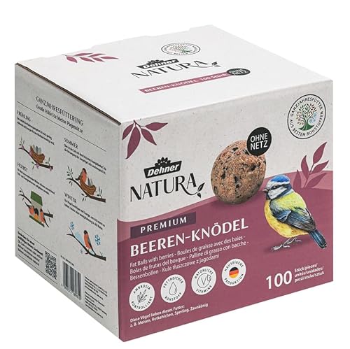 Dehner Natura Premium Meisenknödel ohne Netz, Beerenknödel, ganzjähriges Wildvogelfutter proteinreich / energiereich, 100 Stück je 90 g (9 kg), Karton aus FSC-zertifizierter Produktion