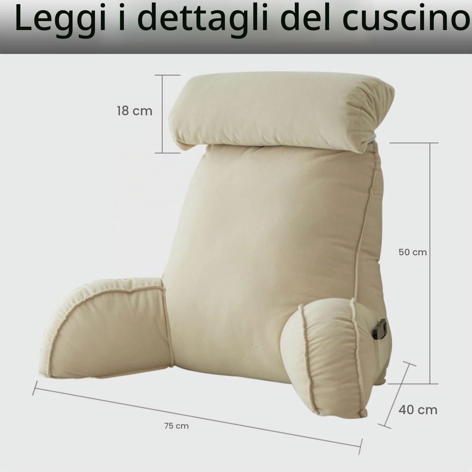 KKAIRA Cuscino da Lettura con braccioli,Cuscino per Letto,Cuscino Schienale Divano,con Cuscino per Il Collo a Rullo Staccabile,per Leggere/Rilassarsi/Guardare La TV 75 * 40 * 58CM(with headrest)