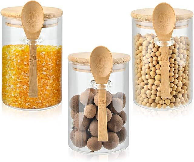 DODUOS 3PCS Glass Jars with Lids and Spoon, 450ML Glass Storage Containers with Lids Airtight, Glass Food Storage Jars Overnight Oats Jar, Glass Storage Jars with Lids Airtight for Tea Coffee Sugar