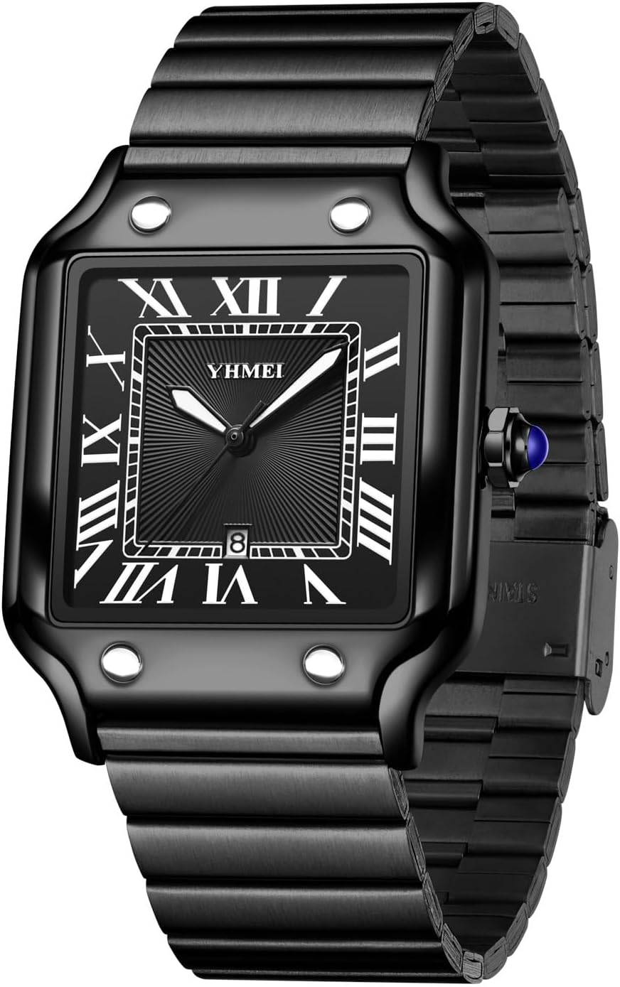 CARLIEN Unisex Classic Square Roman Numerals Silver Analog Waterproof Watches for Women Men Stainless Steel Strap Date Display Casual Wristwatch