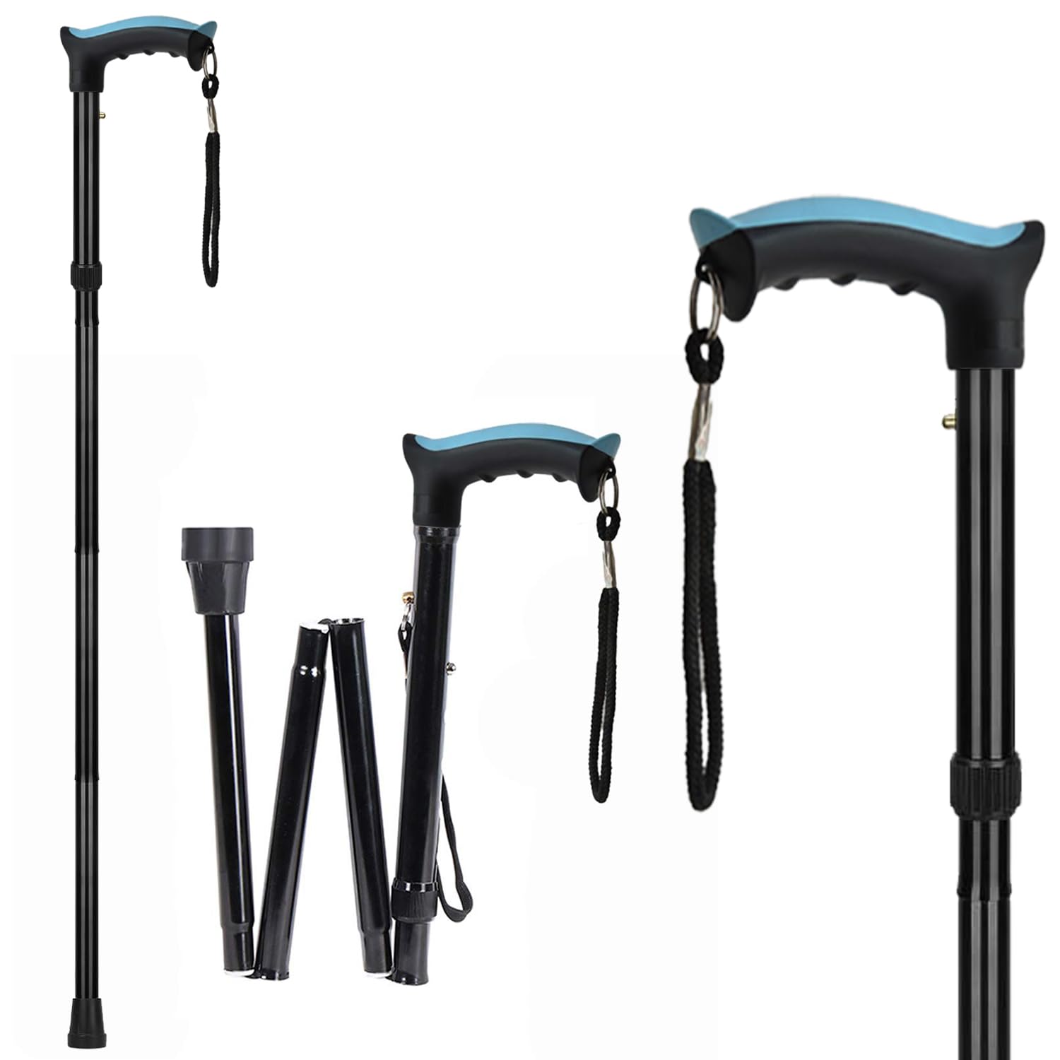 MCP Thunderbolt 4 Folding Sections Aluminium Foldable Walking Stick for Men, Women & Old People Support, Trekking Cane Stick (Black)