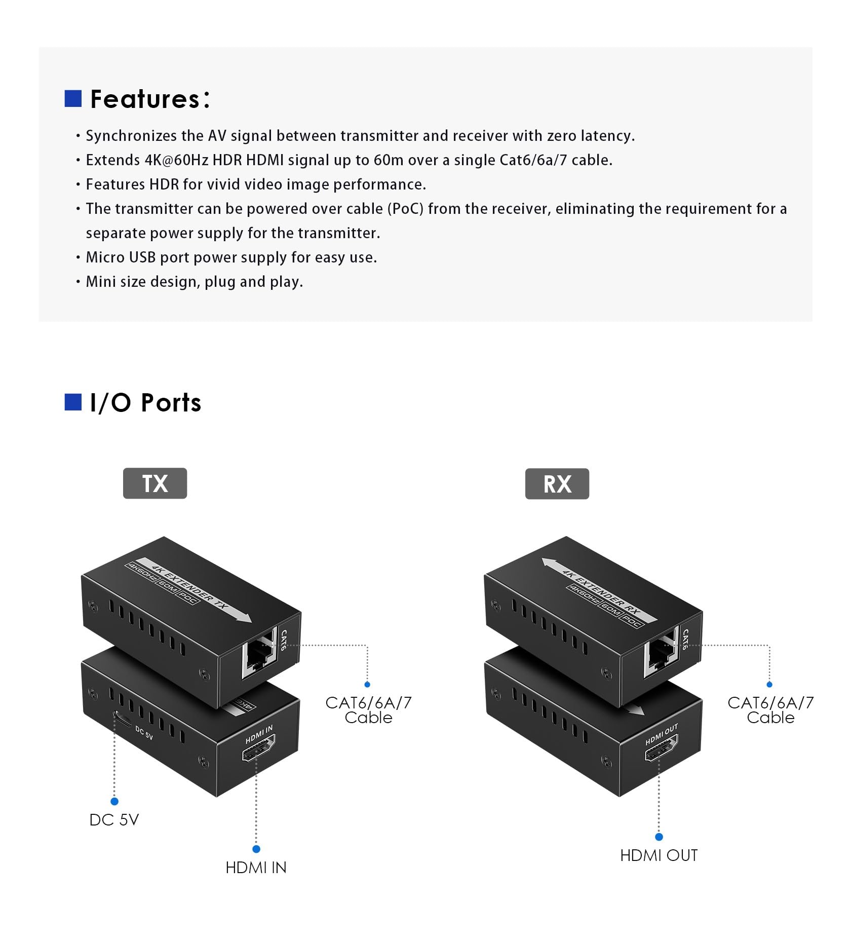 PremiumCord Extender HDMI 4K Fino a 60 m Tramite Cavo Cat6/6A/7, UHD 4K 2160p 60Hz, Full HD 1080p, 18 Gbps, HDMI2.0, HDCP2.2, Custodia In Metallo, Nero