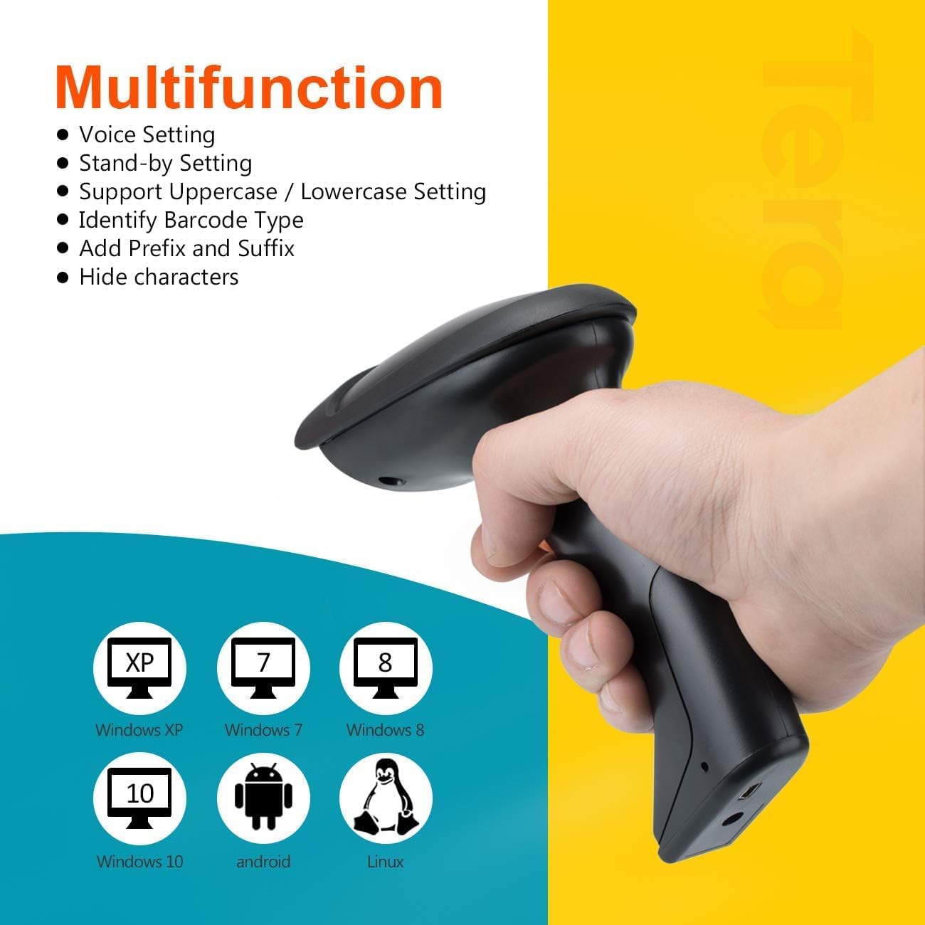 Tera HW0004 Barcode Scanner held in hand, with icons for Windows XP, 7, 8, 10, Android, and Linux indicating compatibility