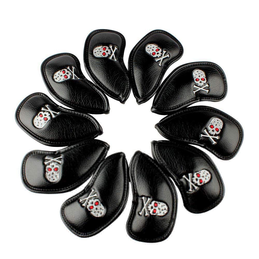 Histar Golf 10PCS PU in ecopelle spessa design Skull Golf Iron Head Covers set Headcover Fit tutte le marche, Black + Skull