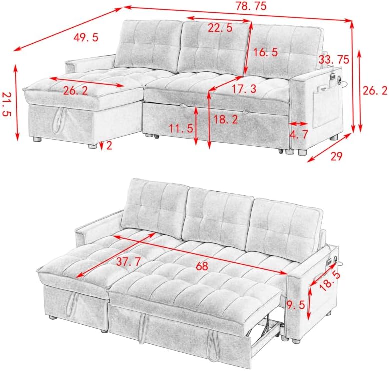 L-Shaped Reversible Sleeper Sectional Sofa with Pull-Out Bed Storage Chaise USB-C Ports