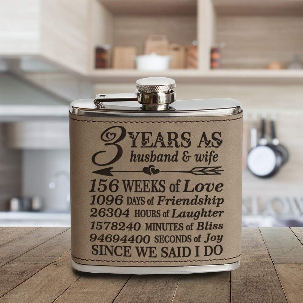 Bіg Sаlе Bella Busta-3 Years as a husband and wife-Years,Weeks, Days, Hours, Minutes, Seconds Engraved Light Brown Leatherette Stainless Steel Flask-3 years Anniversary leather gift (6 oz (Light Brown))