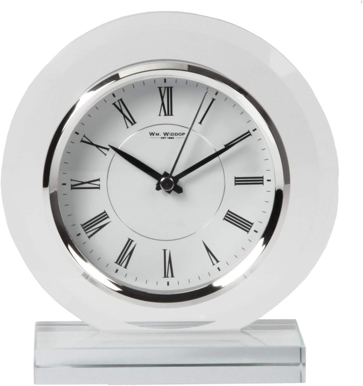 Round Glass Mantel Table Clock Contemporary Roman Numerals 18cm