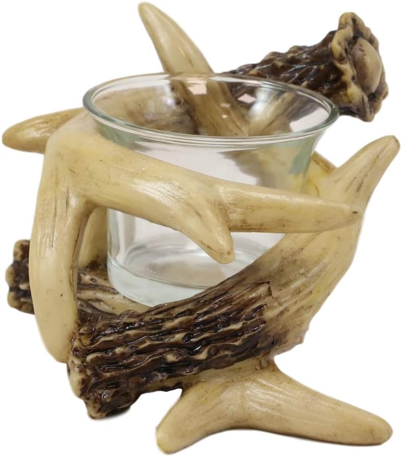 Ebros Set of 2 Wildlife Rustic Buck Elk Deer Stag Entwined Antlers Votive Candle Holder Accent Figurines 5" Wide Nature Lovers Hunters Cabin Lodge Country Home Decorative Antler Candleholders
