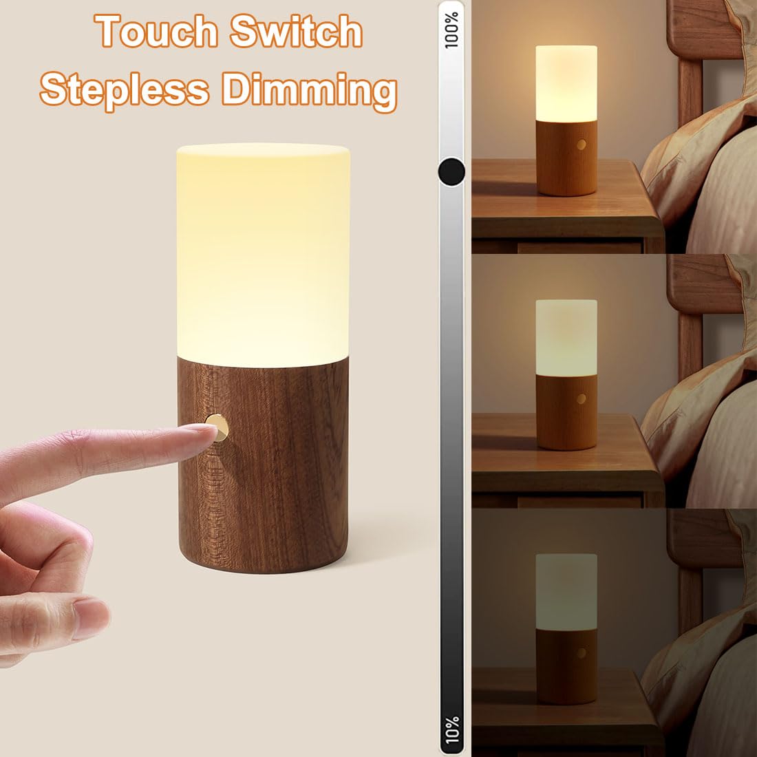 EaEa Nachttischlampe Touch Dimmbar Holz LED Tischlampe Akku mit Schwerkraftsensor, 3000K Warm licht& 7 Farben RGB, Kabellos Tragbar Nachtlicht USB Aufladbar für Schlafzimmer Wohnzimmer Kinderzimmer,B