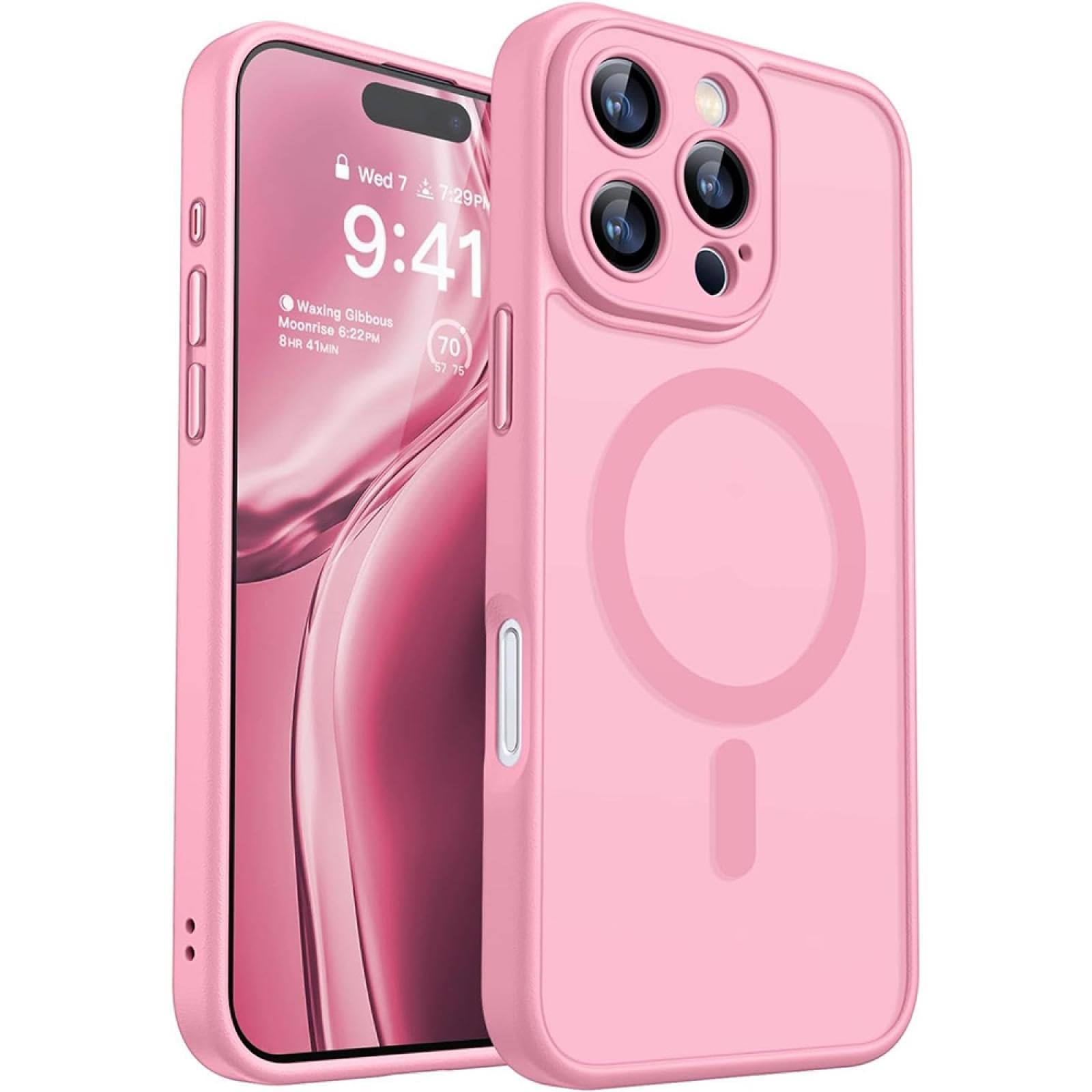 Coque iPhone 15 rose transparente rigide mate et antichoc
