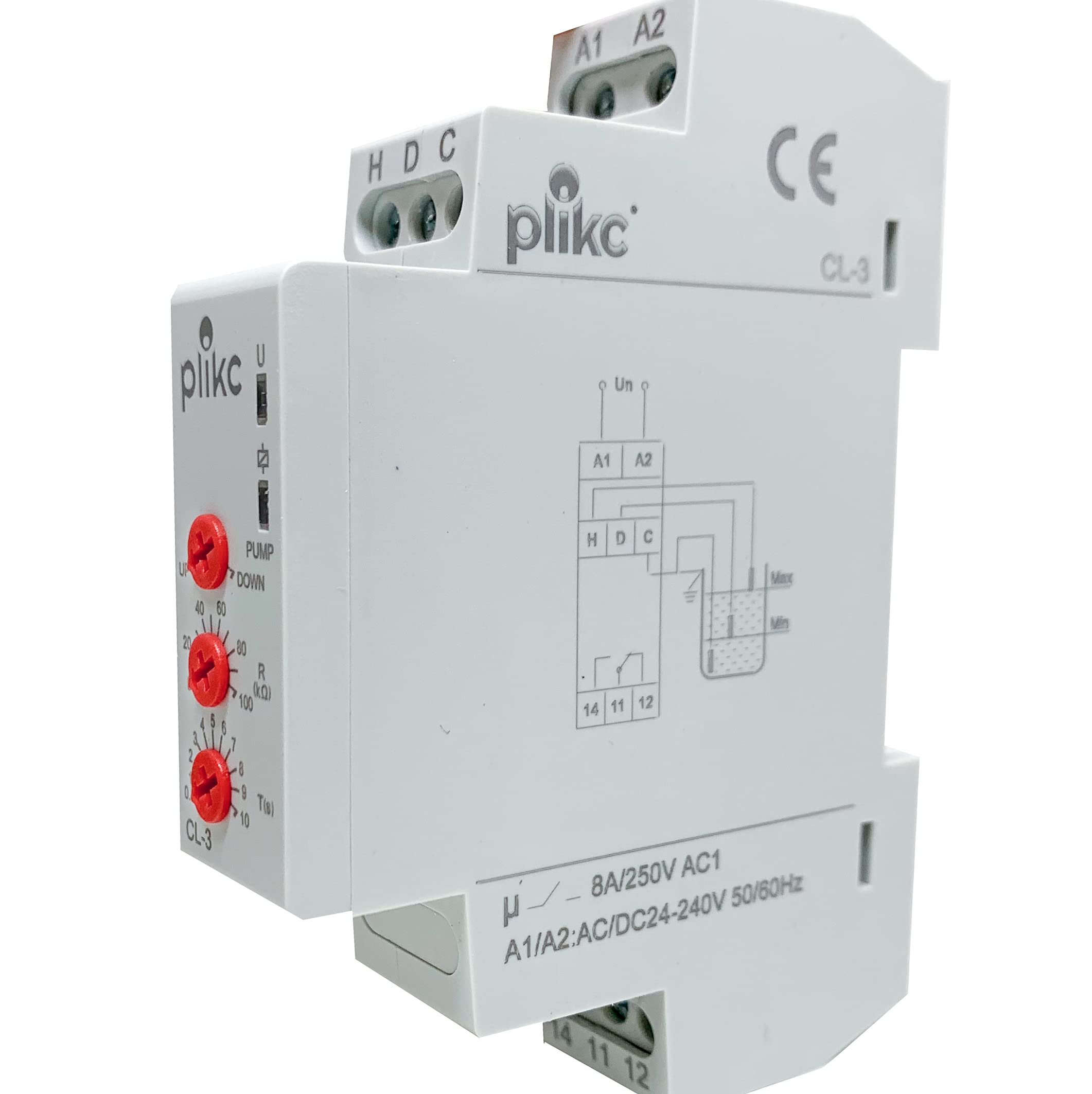 Controllo di livello in riempimento e svuotamento, funzionamento a due o tre sonde - Ritardo regolabile - Plikc CL-3 (Con kit sonde)