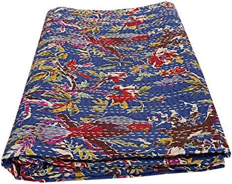 Indian Bohemain Bird Handmade Print Kantha Reversible Indian Blanket, Size Throw, Bedspread, King Kantha Embroidered Kantha Quilt