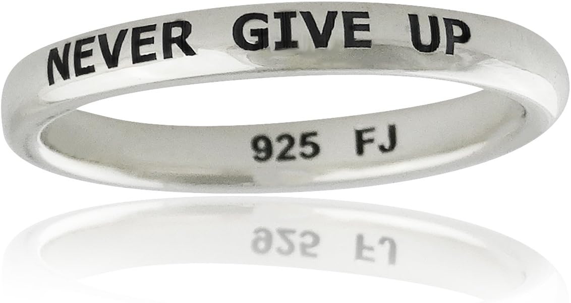FashionJunkie4Life Sterling Silver NEVER GIVE UP Engraved Stackable Ring Band, Sizes 6-10