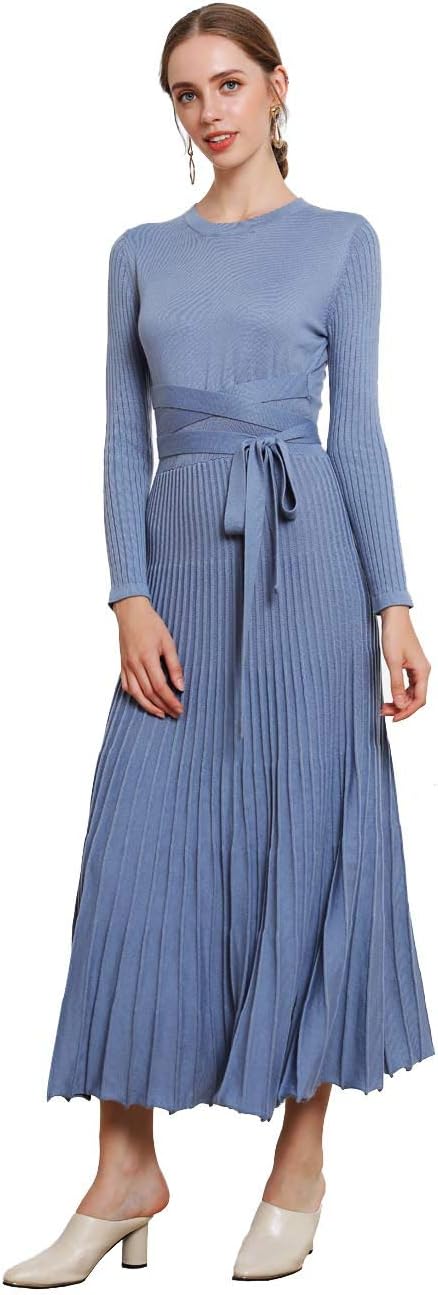 FINCATI Long Sweater Dress Autumn Winter Cashmere Belt Fitted Waist Big Swing Flared Calf Length Maxi Dresses