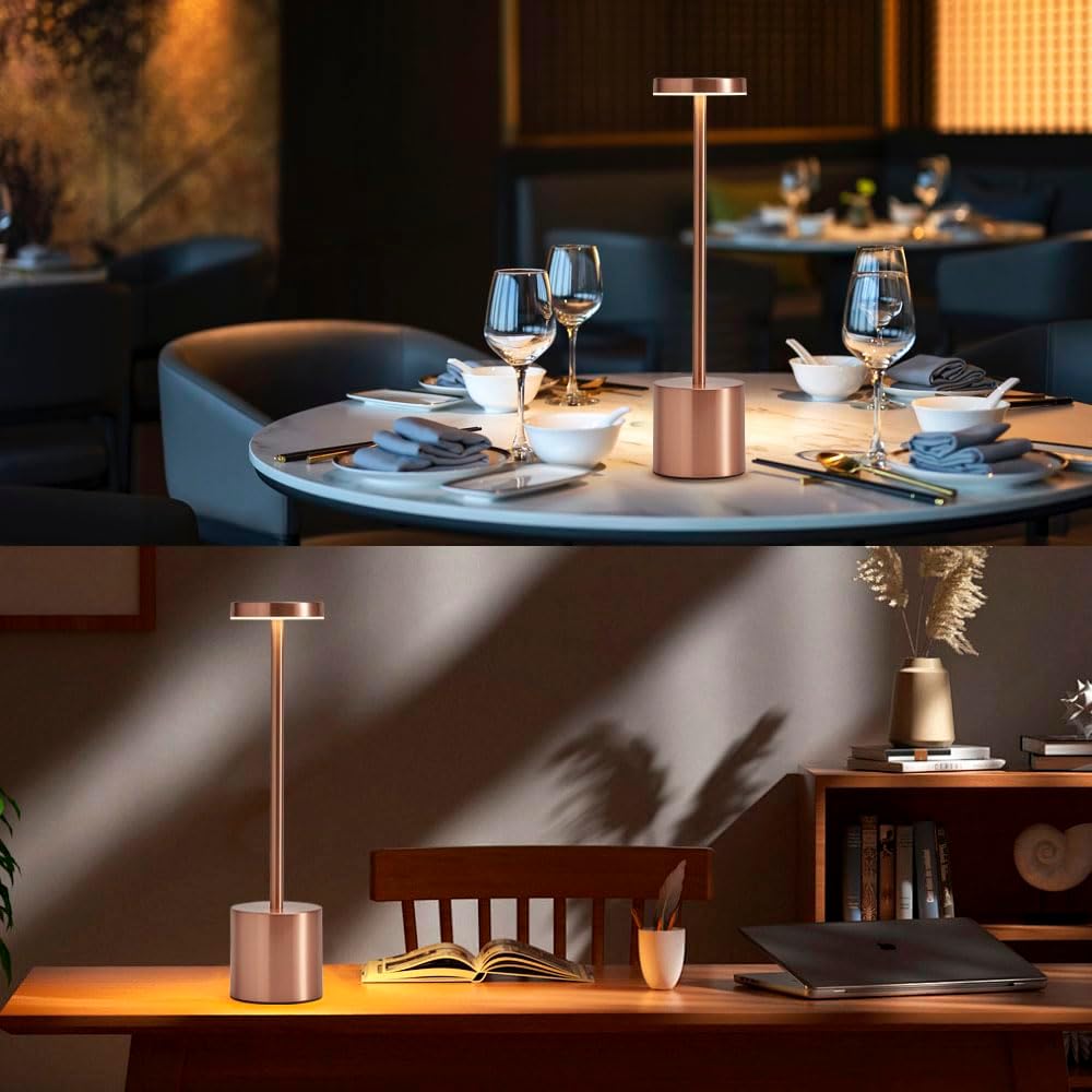 2 Pack LED Rechargeable Cordless Table Lamps,Portable Outdoor 5000 mAh Battery Operated Table Light Touch Control 3 Color Dimmable Lamp for Patio/Cofee/Restaurant/Camping/Dining/Bedroom-Rose Gold