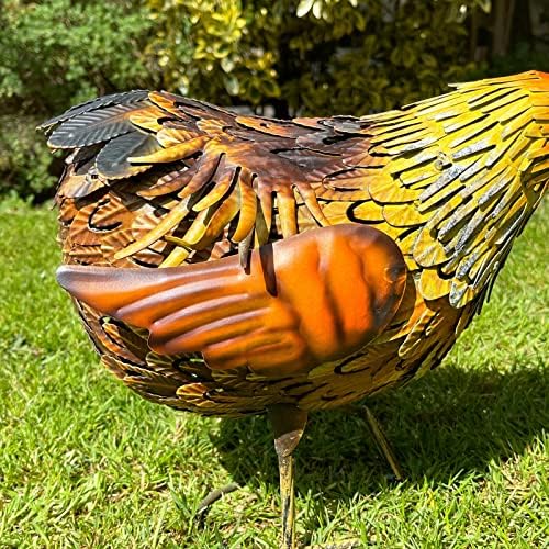 Feeding Hen Garden Ornament Metal Farmyard Chicken Sculpture Outdoor Bird Figure 32cm