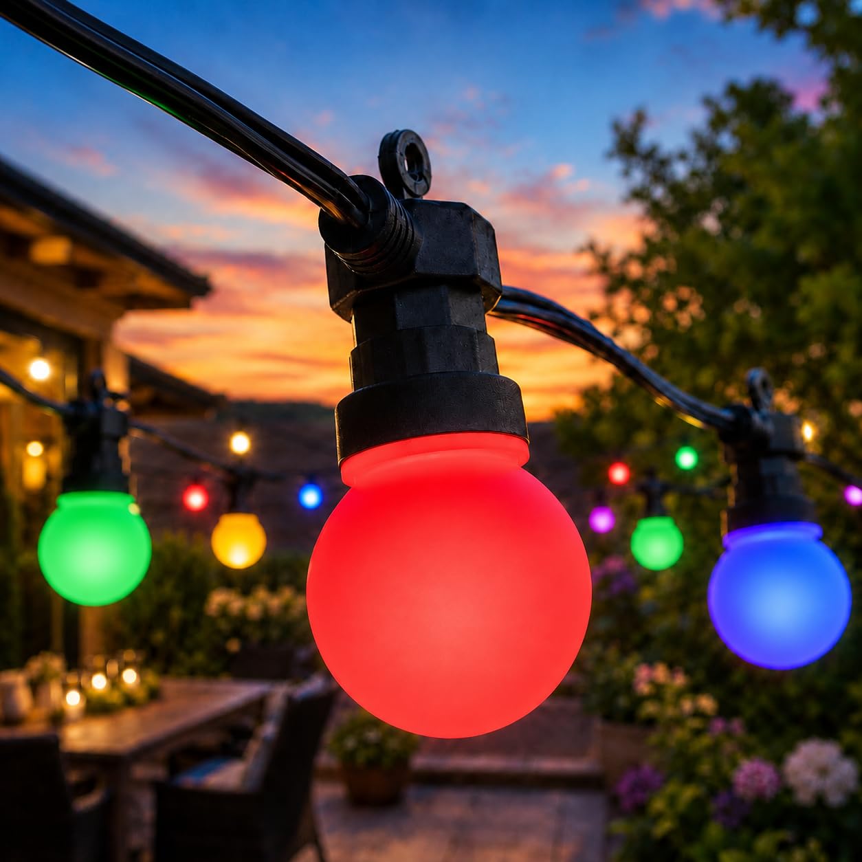 Festive Lights ConnectPro® 5m / 16ft Connectable Outdoor Garden LED Festoon Lights, Multicoloured Frosted Bulbs, Commercial String Lighting, IP65 Waterproof, Black Rubber Cable, with Plug