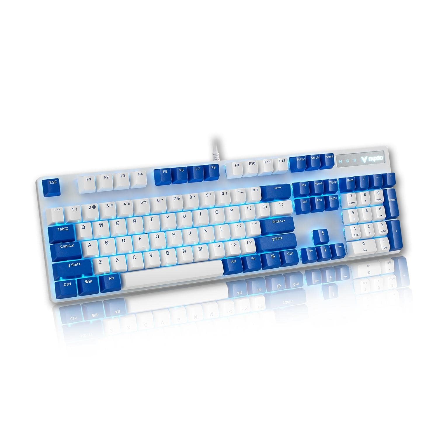 RAPOO V500PRO Blue White Edition Full Size Mechanical USB-a Gaming Keyboard Spill Resistant, Blue Switches, Anti-Ghosting, Blue Lighting, Aluminium Alloy, Windows/macOS/PC/Laptop - 2 Years Warranty