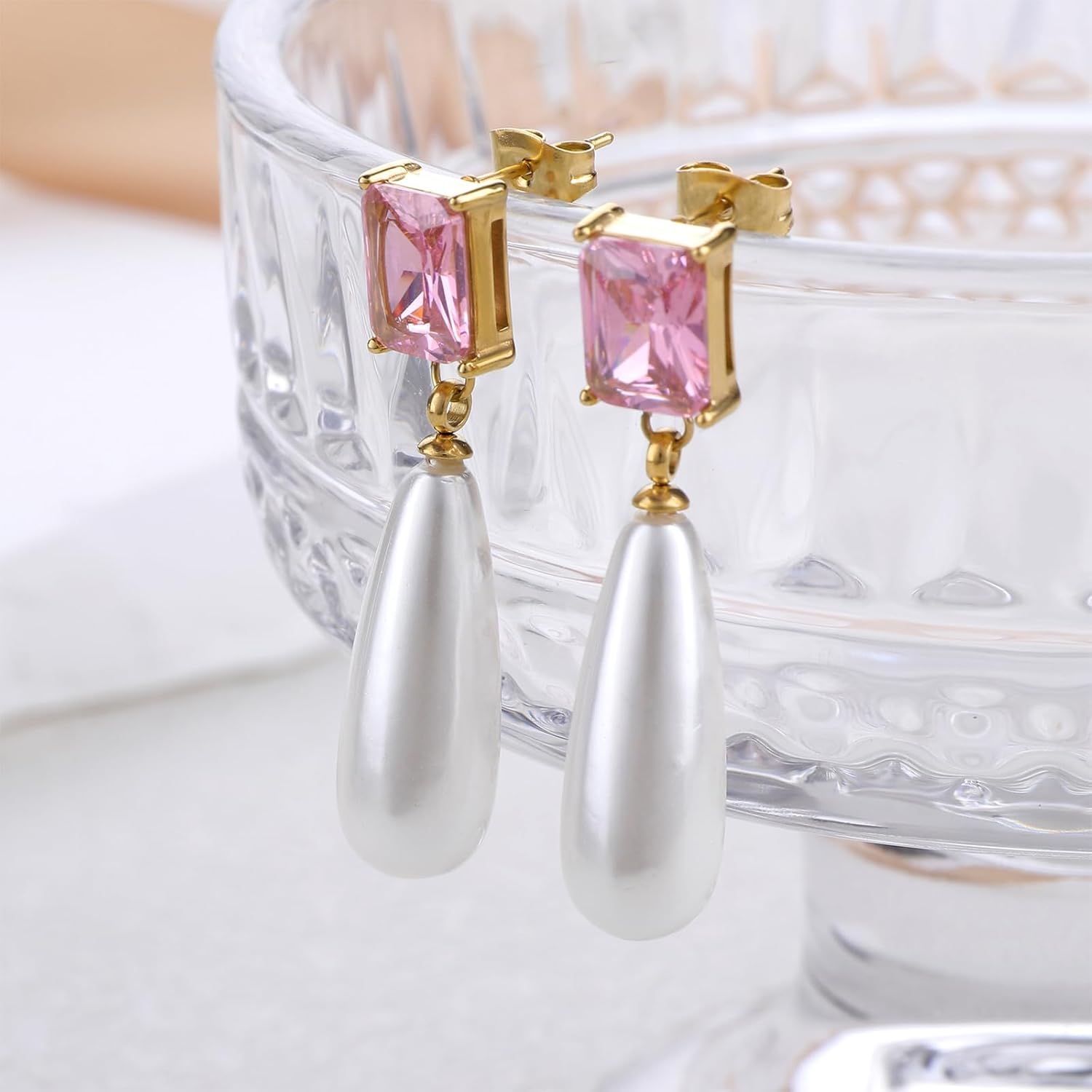 Pearl Emerald Cut Birthstone Earring 18k Gold Plated Cubic Zirconia Drop Earring Pearl Dangle Earrings Pearl Jewelry Birthday Gifts for Women