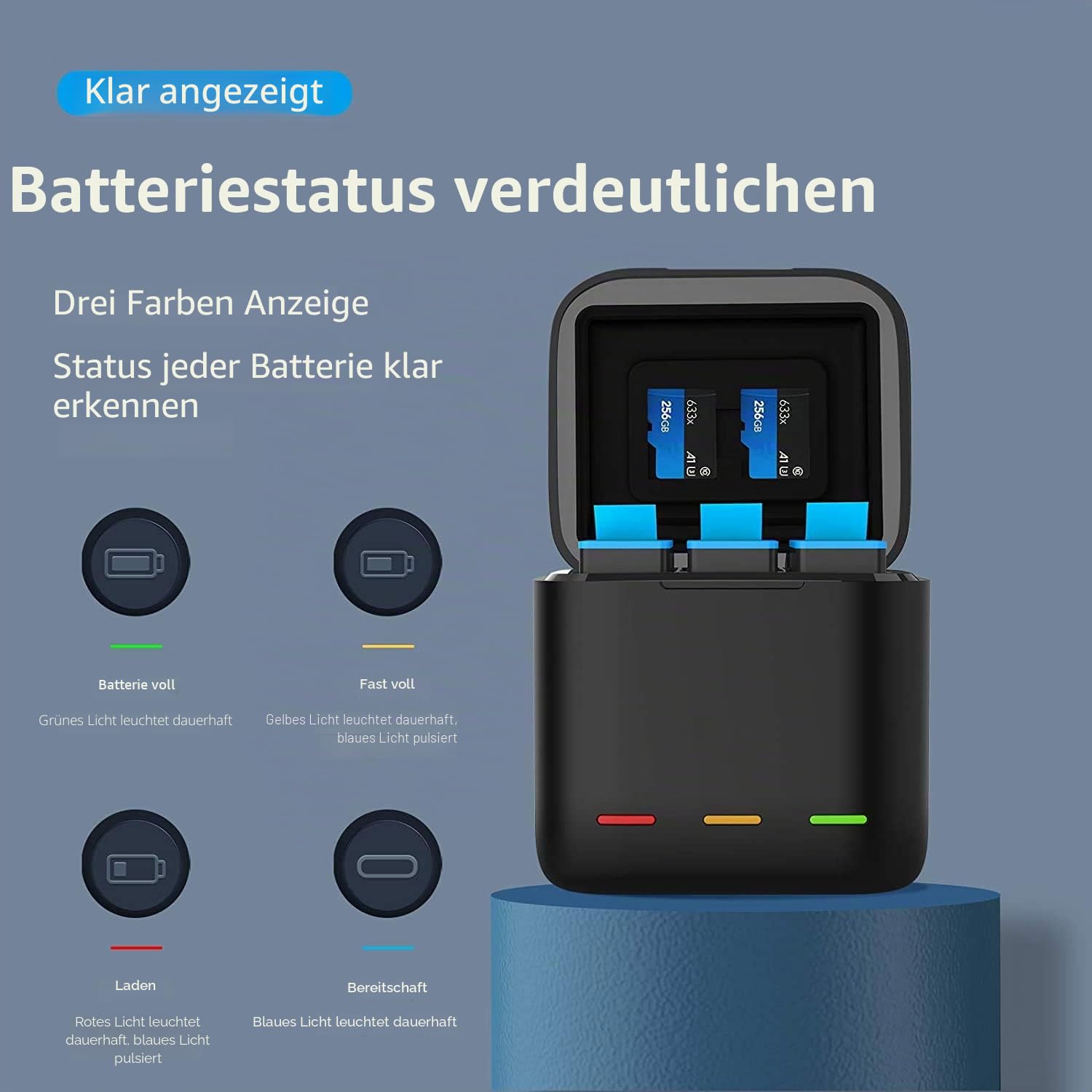 REYGEAK Hero 12 /Hero 11/10/9 Akku, Dreifach-Ladegerät und Speicherbox mit 3 Kanälen(Ladegerät + 2 × Batterie)