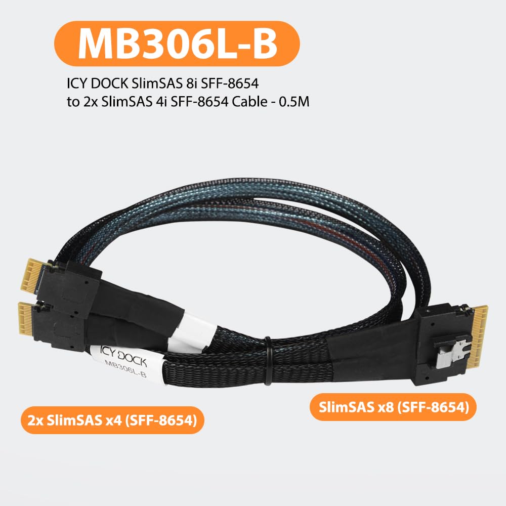 ICY DOCK SlimSAS 8i SFF-8654 to 2X SlimSAS 4i SFF-8654 Cable - 0.5M | MB306L-B