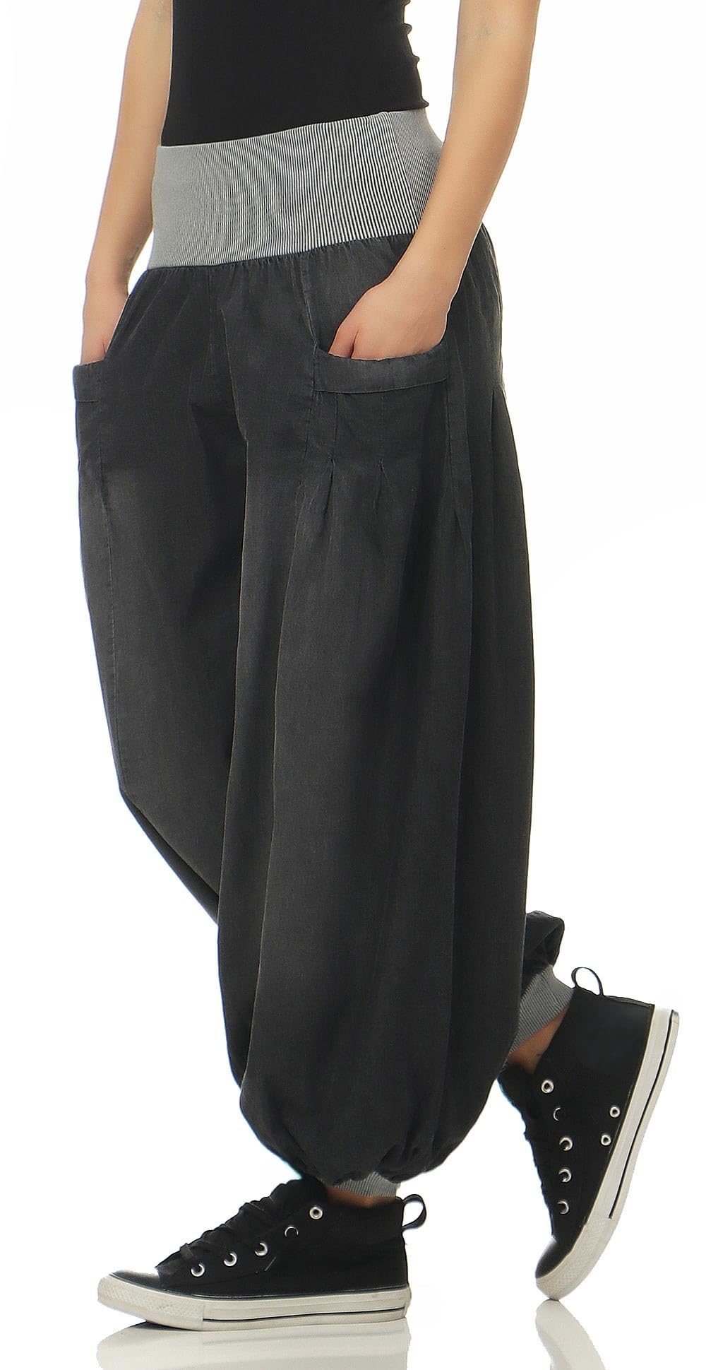 Malito – Damen Haremshose im Denim Style – Unisize Pumphose aus 100% Baumwolle – perfekte Jeans zum Tanzen & Chillen – Bequeme Pluderhose mit Taschen – Aladinhose für Frauen 6258 (34-40)