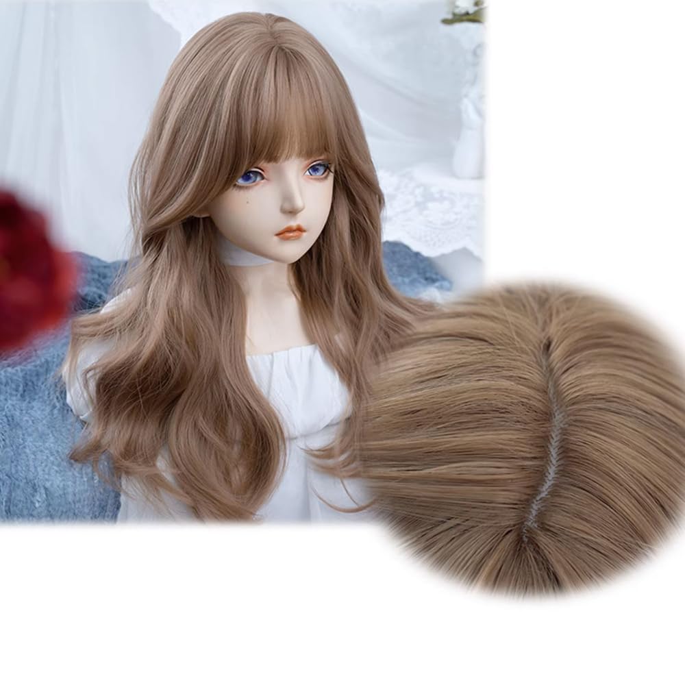 Milk Tea Color Long Hair Wig Long Curly Hair Big Wave Curly Hair French Air Bangs Daily Wig cos Lolita Simulation Wig 60cm 23inch (Milk Tea Color)