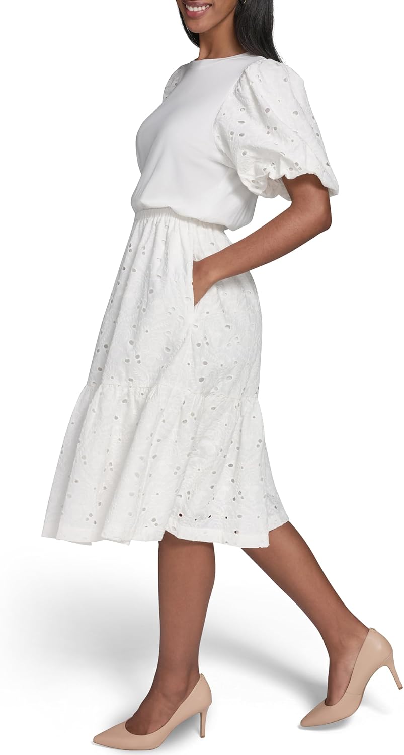 Karl Lagerfeld Women's Floral Eyelet Summer Fashion Mixed Media Dress
