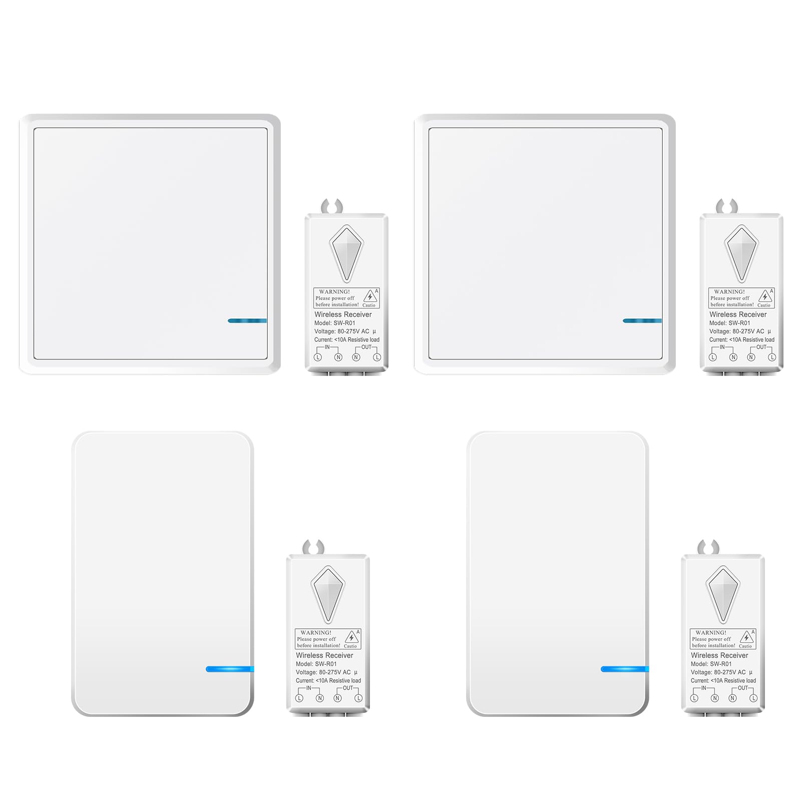 NineLeaf Kit récepteur d'interrupteur sans fil, interrupteur sans fil, Interrupteur d'éclairage intelligent, pour lampe murale, lampe de plafond, ampoule LED,2Interrupteurs mini 2carrés 4Kit récepteur