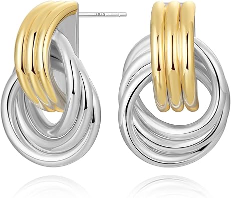 14K Gold Minimalist Statement Knot Stud Earring for Women Trendy Geometric Earrings Chunky Lightweight Hollow Twisted Dangle Drop Earings Womens Jewelry