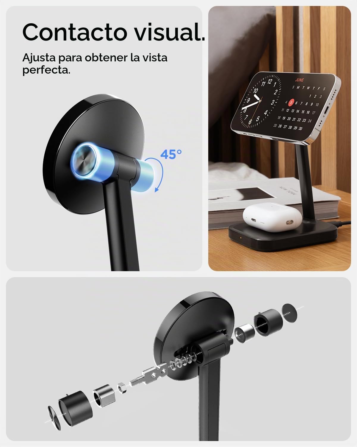 Spigen OneTap MagFit Cargador 2 en 1 MagSafe, estación de carga inalámbrica Qi2, con cable USB C de 2 m, ajustable a 45°, compatible con iPhone 17/16/15/14/13/12 Pro Max Air Plus Mini, AirPods 4/Pro 2
