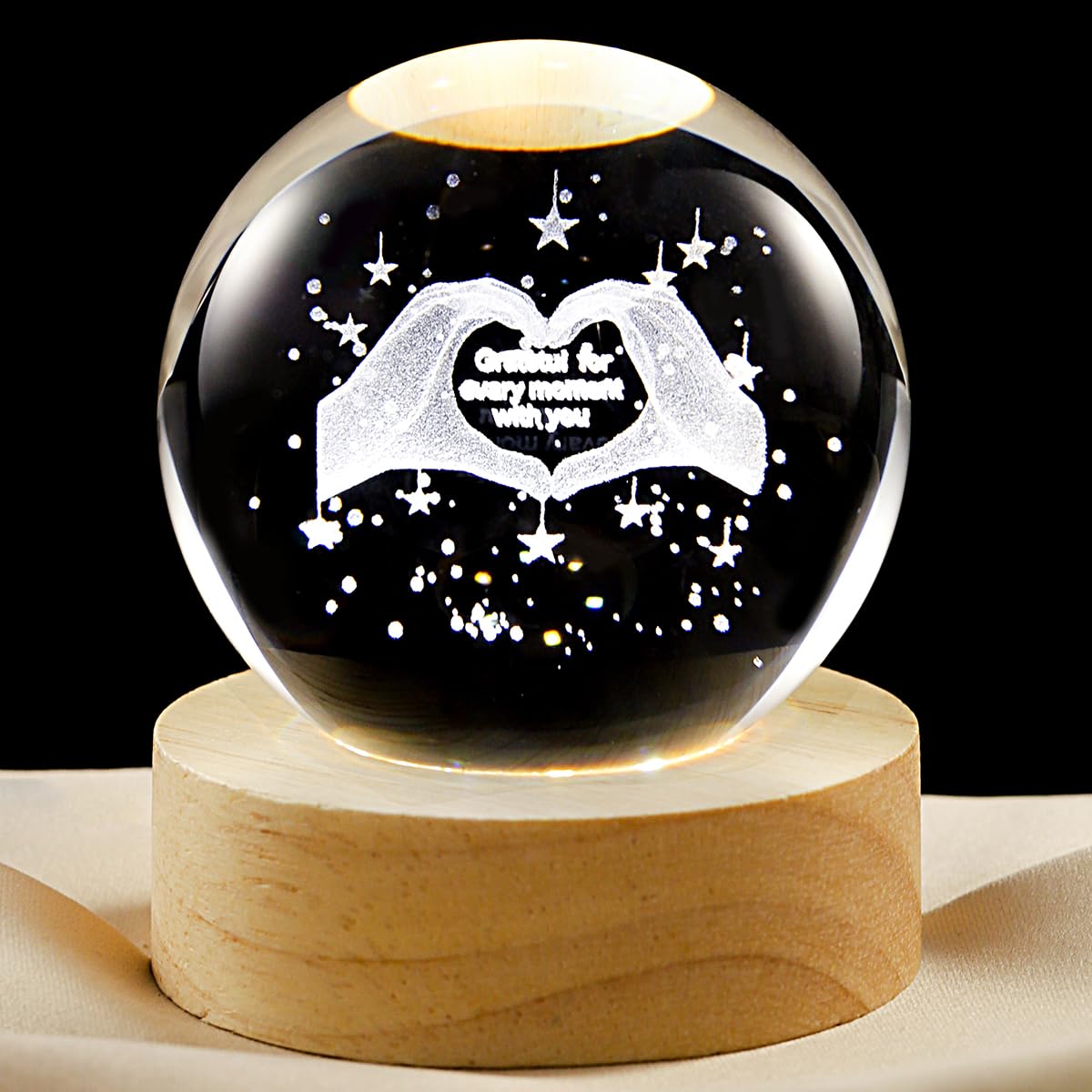 3D Greatful Crystal Ball Lamp with Dimmable LED and Wooden Base, Night Light for Kids Teens Adults, Home Desk Office Bedroom Decor, Birthday Gift (2.4”/ 6cm)